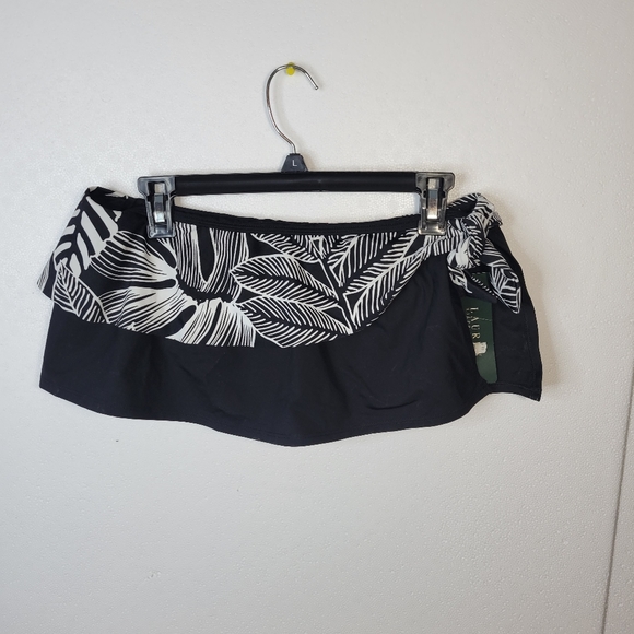 NWT Lauren Ralph Lauren Black/white side tie Bikini Bottom skirt Leaf Print S 12 - Picture 2 of 14